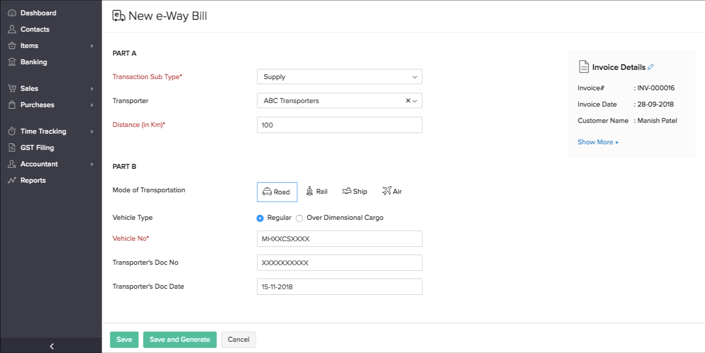 Generation of e-Way Bill in Zoho Books