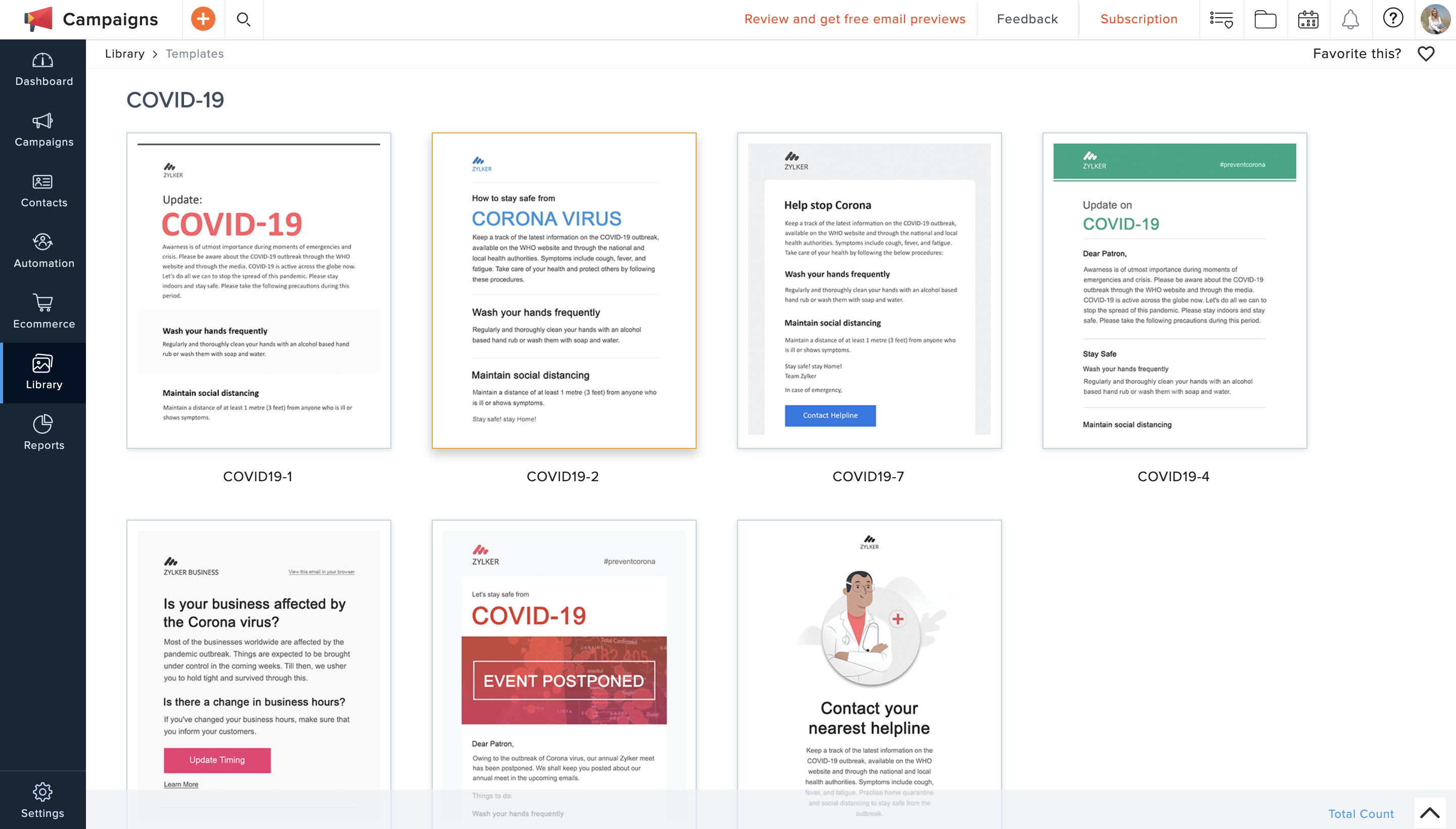 Zoho Campaigns COVID-19 email marketing templates 