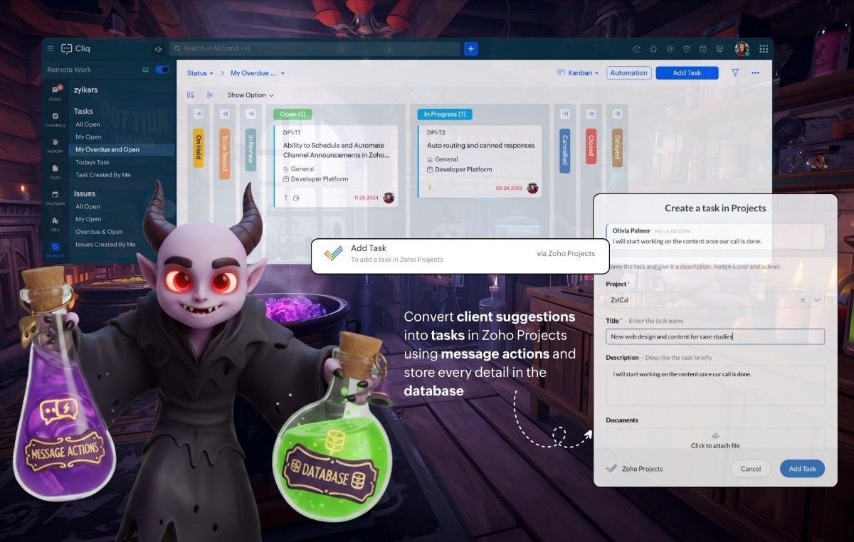 Convert client suggestions into tasks in Zoho Projects using message actions and store every detail in the database