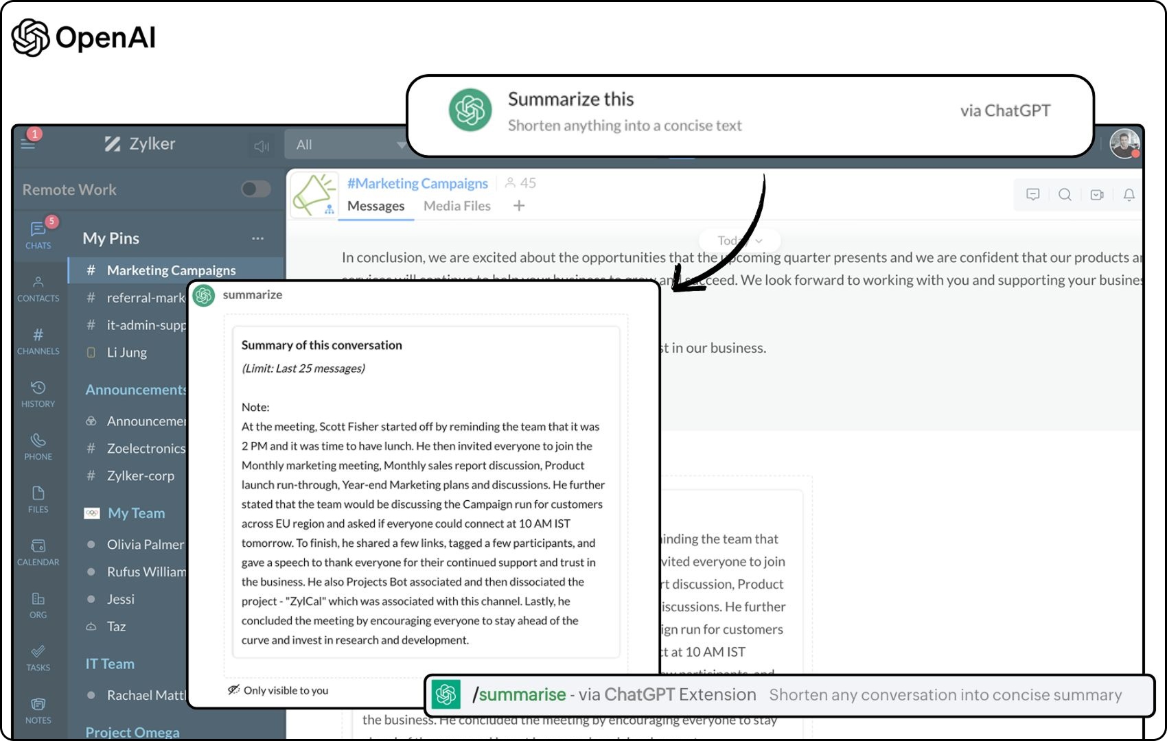 Intelligent Chat and specific message summaries instantly with ChatGPT Open AI Sora Gpt 4o Extension for Zoho Cliq