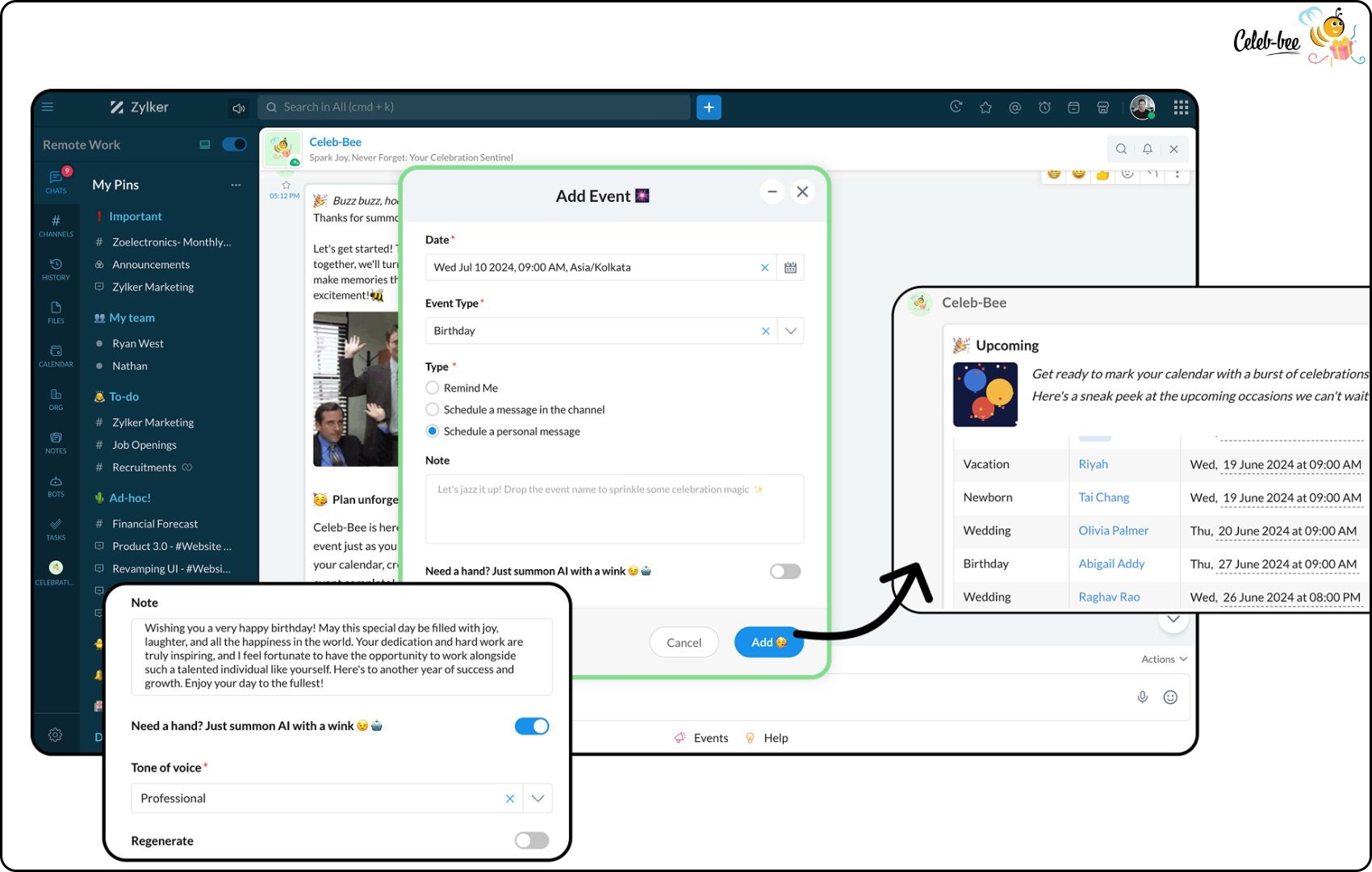 Foster your team spirit by scheduling personalized wishes and shoutouts using AI with Celeb-bee celebration extension for Zoho Cliq