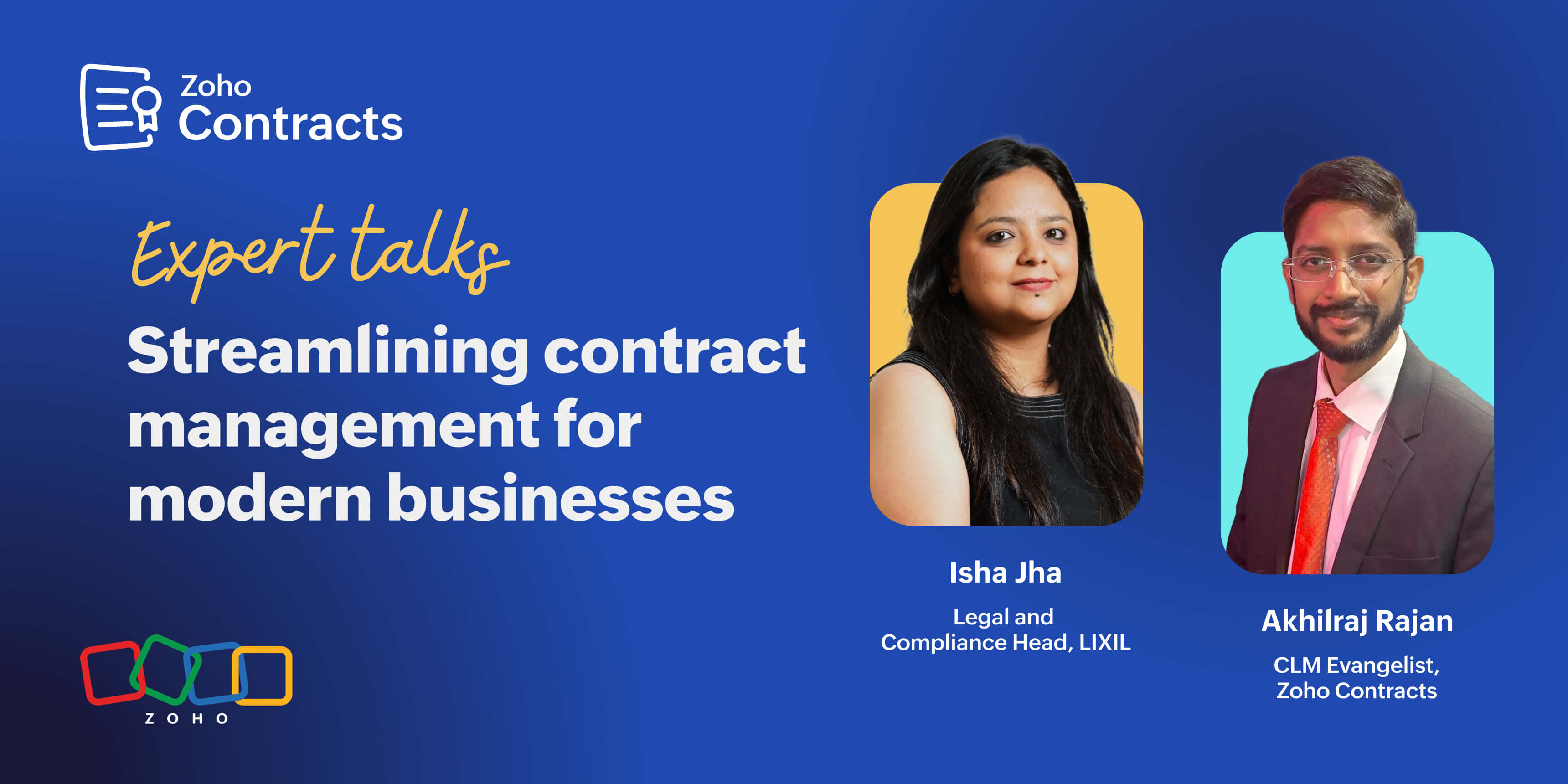 Expert Talks banner featuring Isha Jha and Akhilraj Rajan discussing streamlining contract management for modern businesses.