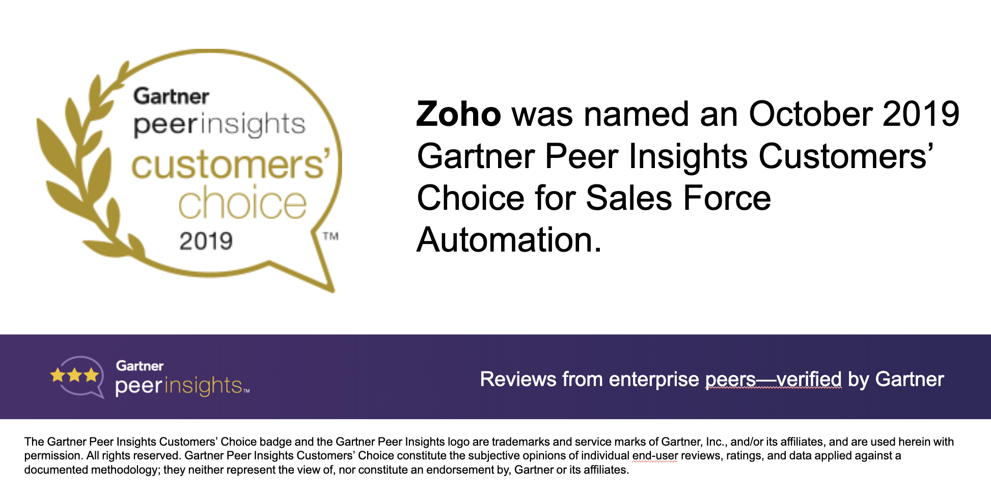 Zoho CRM named an October 2019 Gartner Peer Insights Customers' Choice for Sales Force Automation