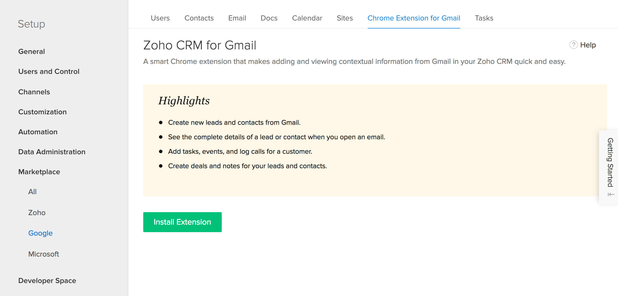 Visit Zoho CRM to install Chrome's Zoho CRM for Gmail