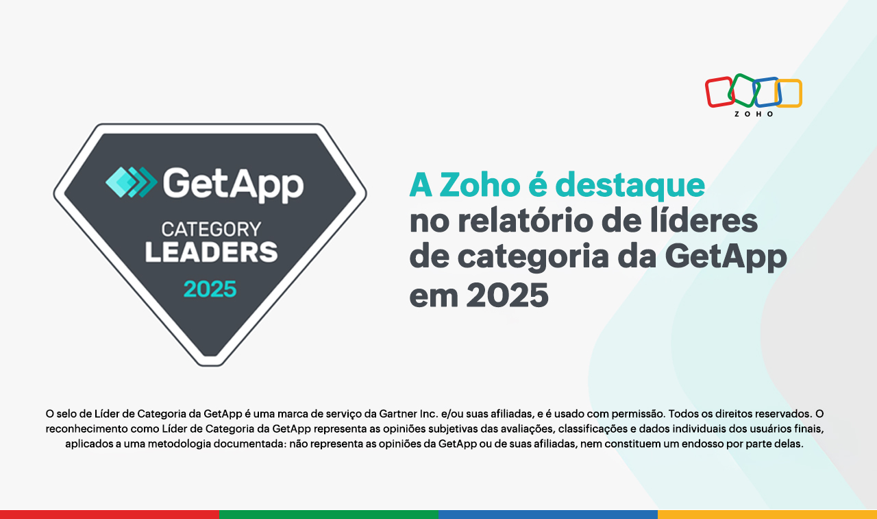 Selo “GetApp Category Leaders 2025” em destaque à esquerda. À direita, texto: “A Zoho é destaque no relatório de líderes de categoria da GetApp em 2025”, acompanhado do logo colorido da Zoho no canto superior direito