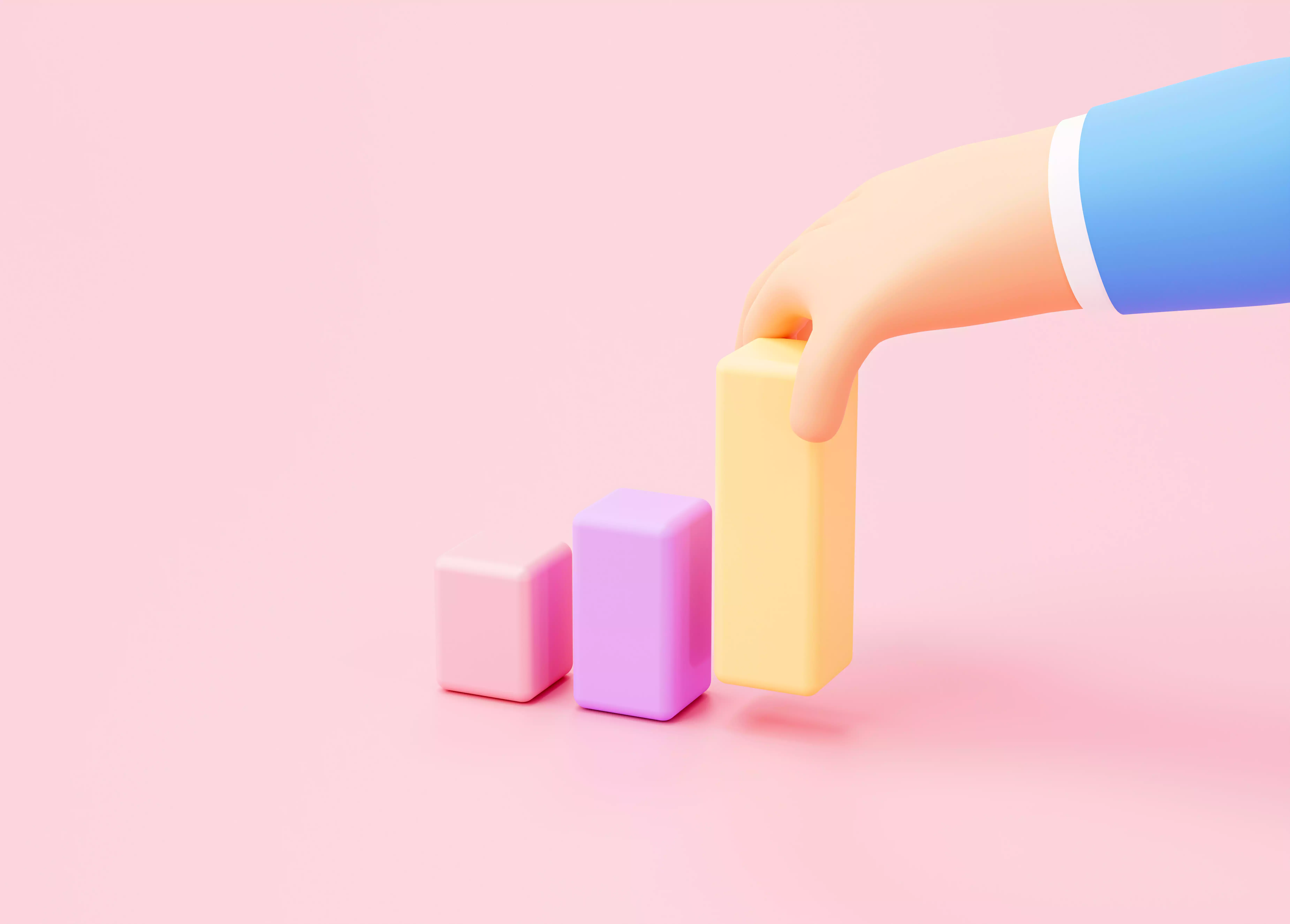 Render 3d de mano acomodando barras en forma de gráfica en fondo rosa