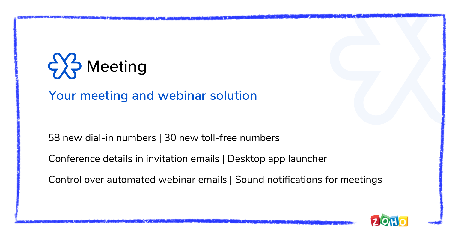 New dial-in and toll-free numbers, Conference details in invitation emails, Control over automated webinar emails, and more from Zoho Meeting.