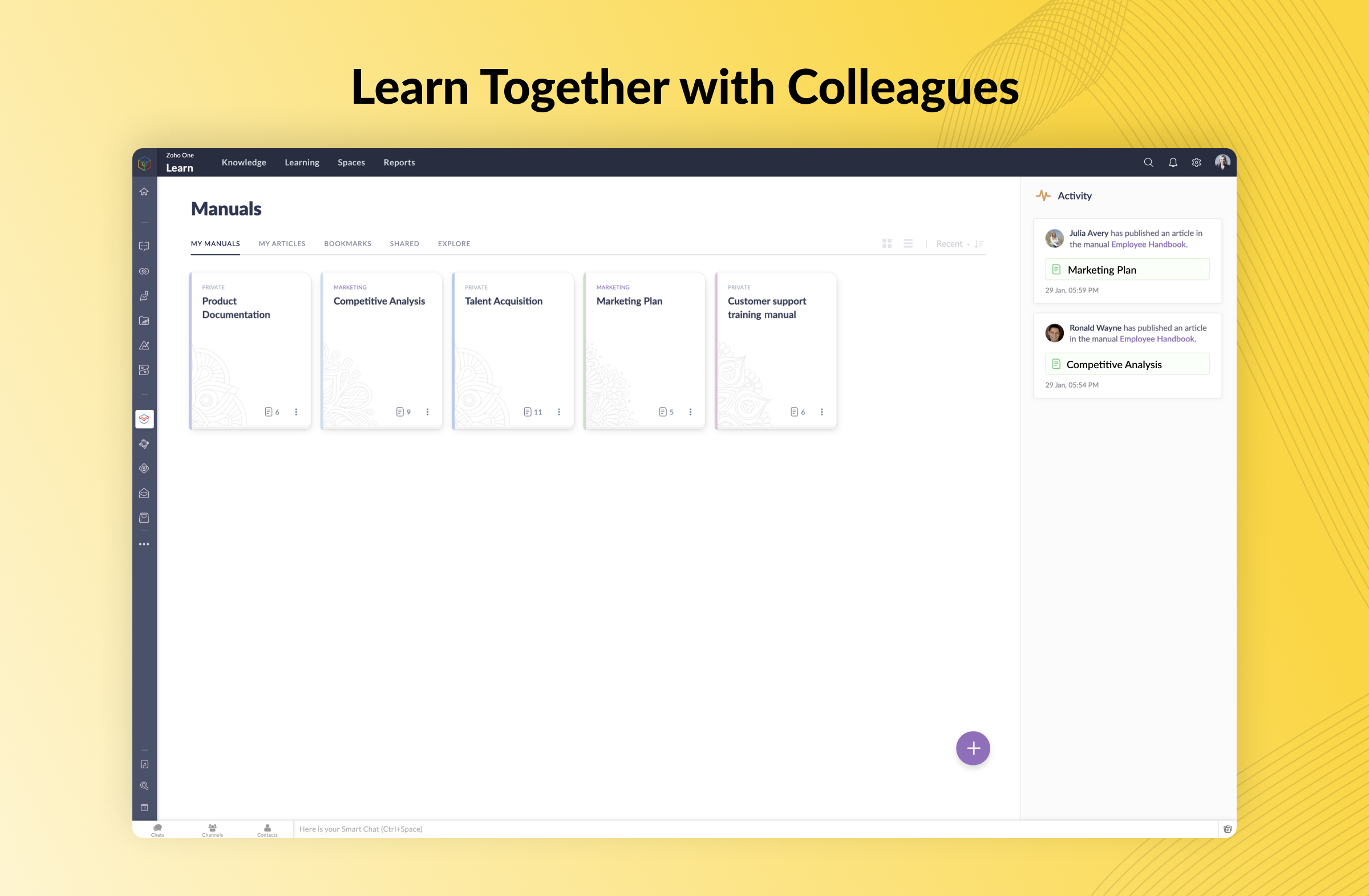 Has a screenshot of Learn app within Zoho One's Unified UI