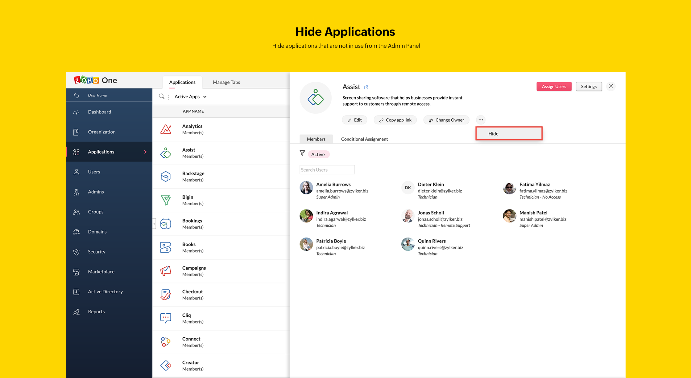 Hide Apps from Zoho One Admin Panel