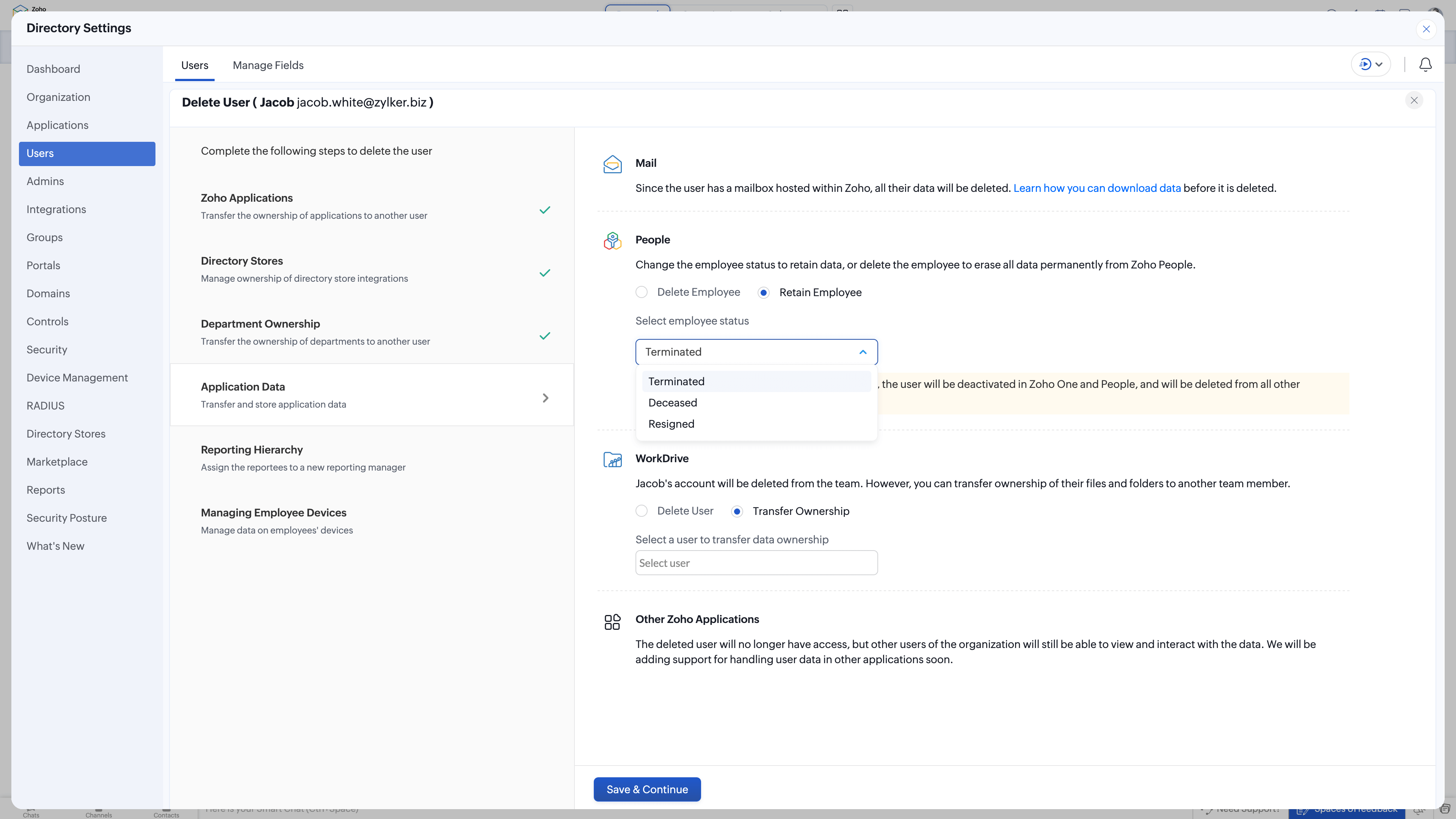 Smart offboarding Directory settings - delete user - terminated