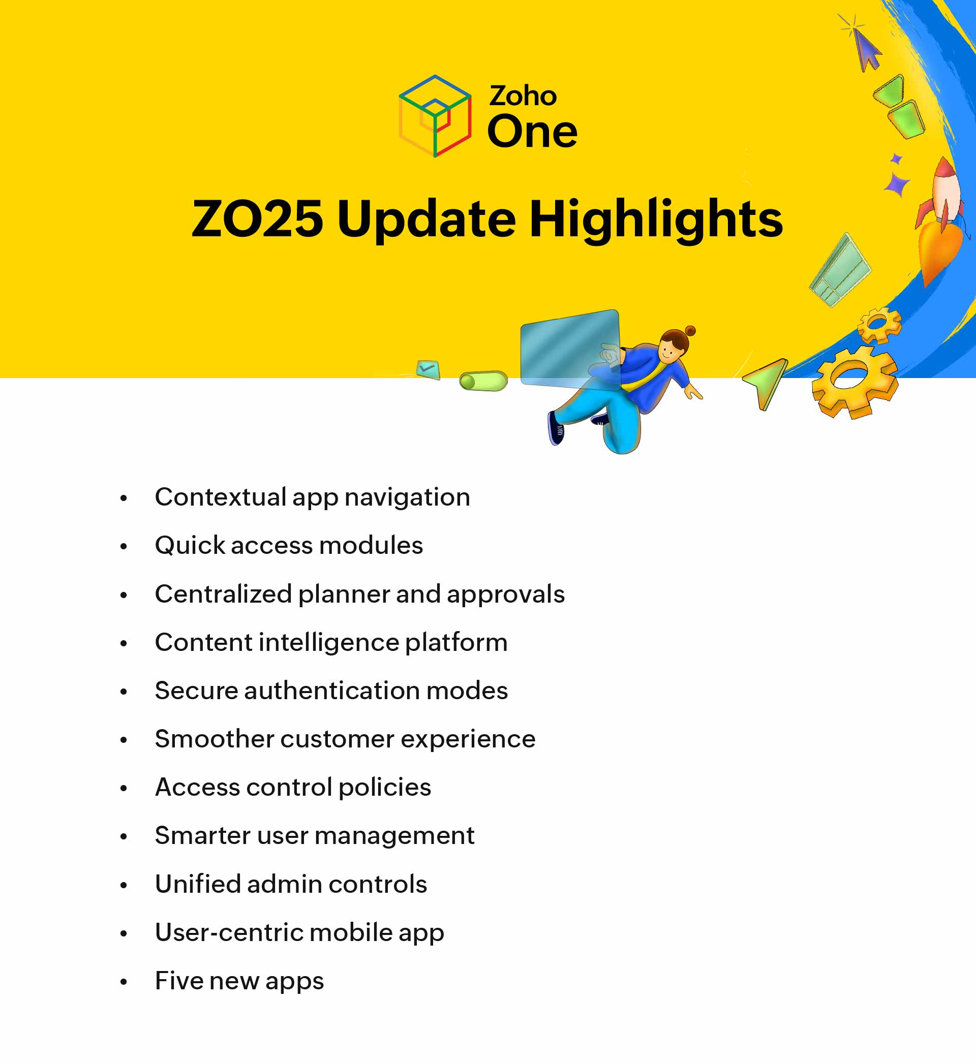 What's new in Zoho One 25 Contextual app navigation Quick access modules Centralized planner and approvals Content intelligence platform Secure authentication modes Smoother customer experience Access control policies Smarter user management Unified admin controls User-centric mobile app Five new apps