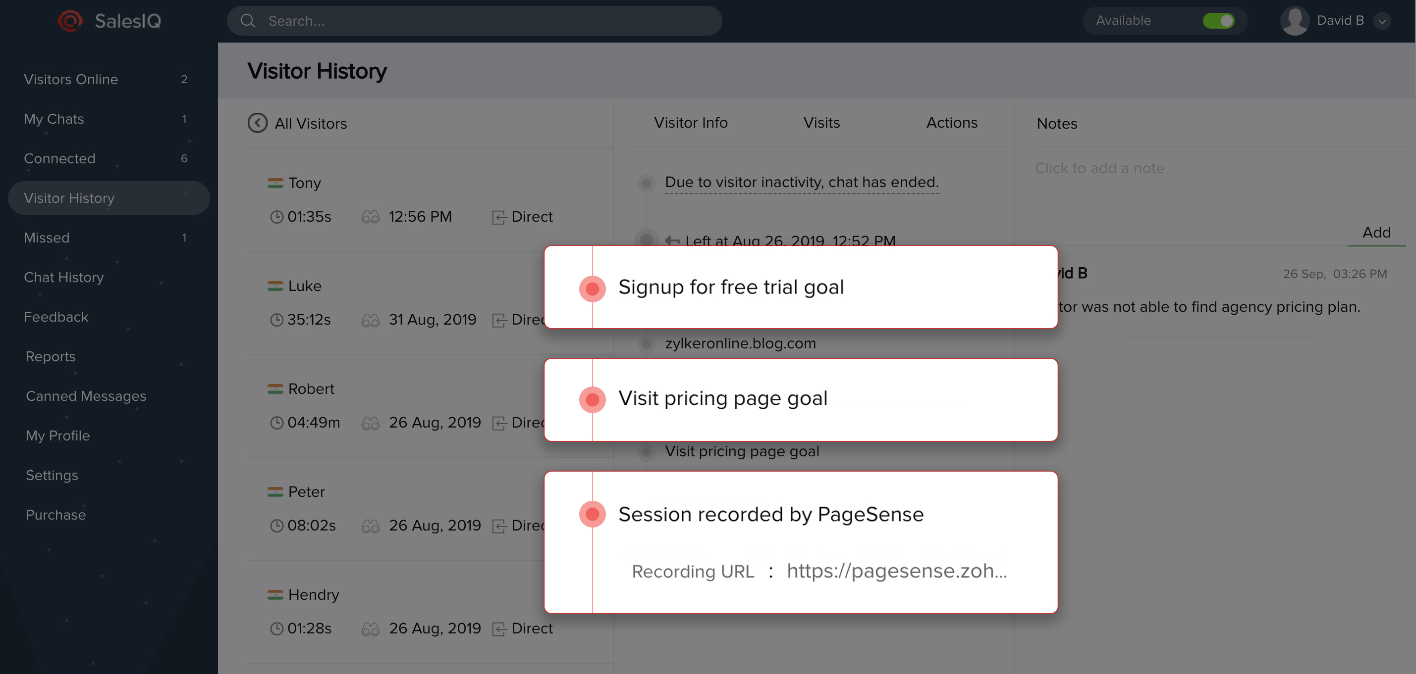 Session Recordings and Goals in PageSense and SalesIQ integration