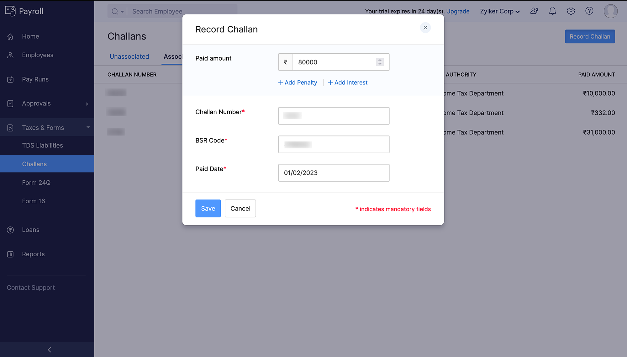 Record TDS challans in Zoho Payroll