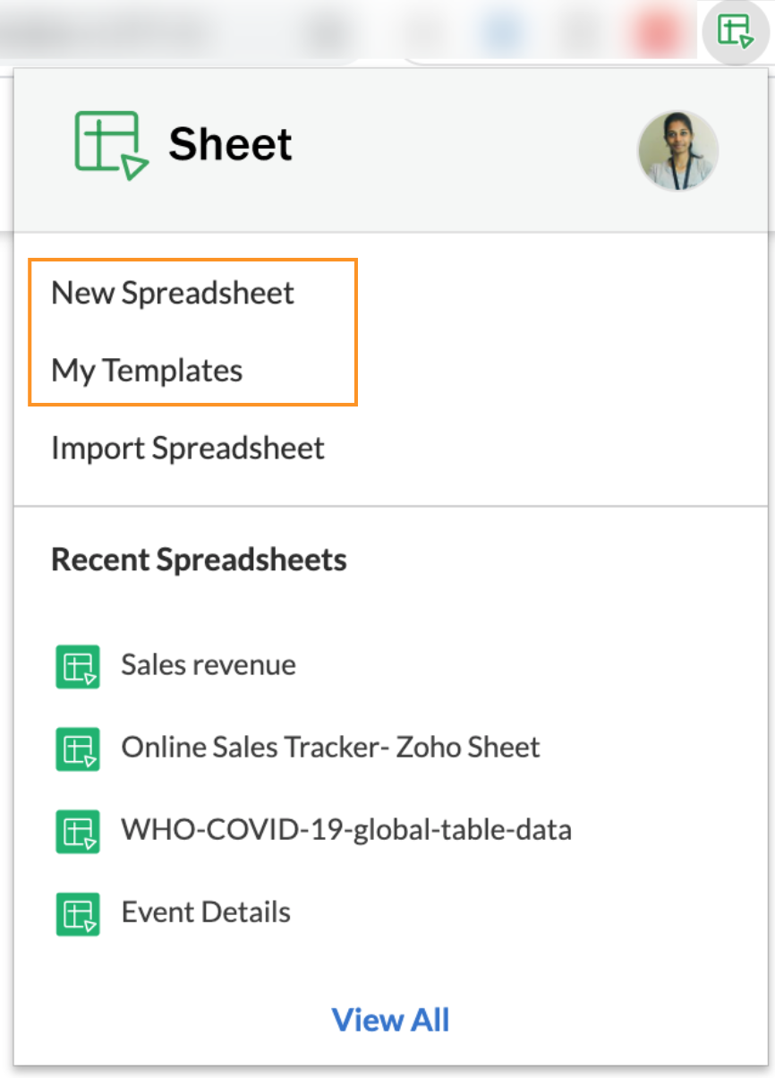 Create spreadsheets using Zoho Sheet extension