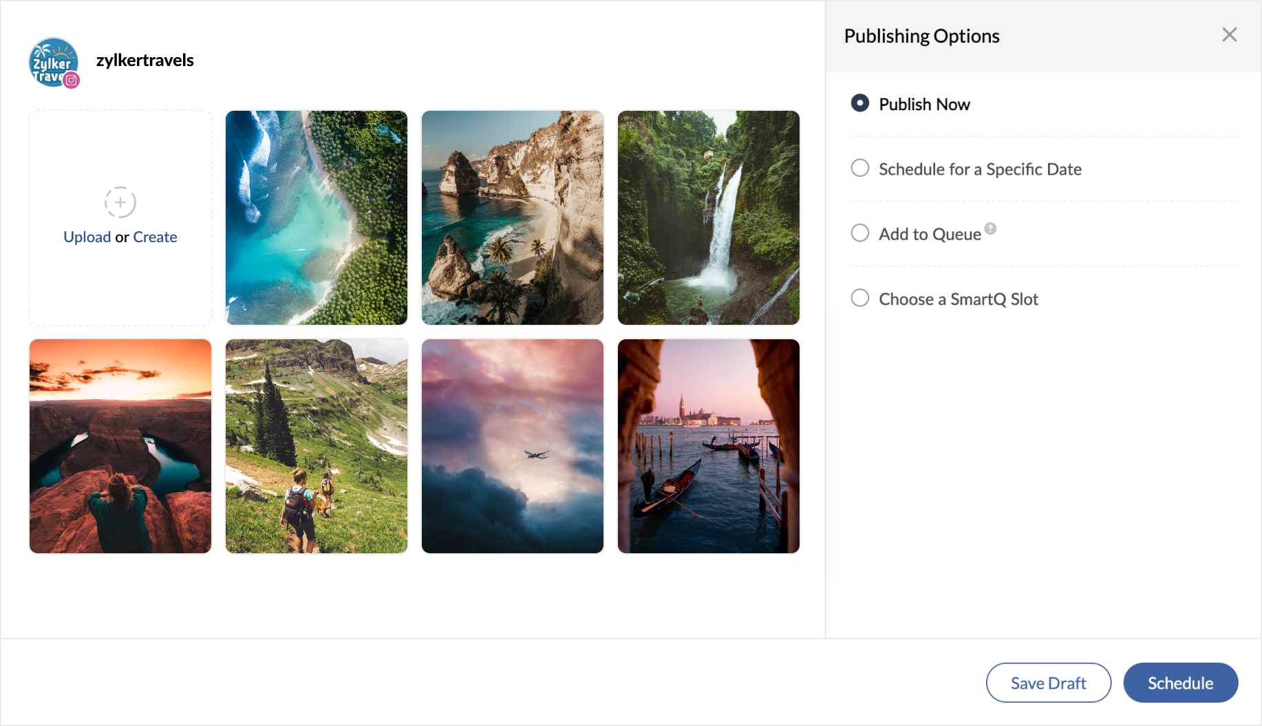 Publishing window for Instagram stories on Zoho Social