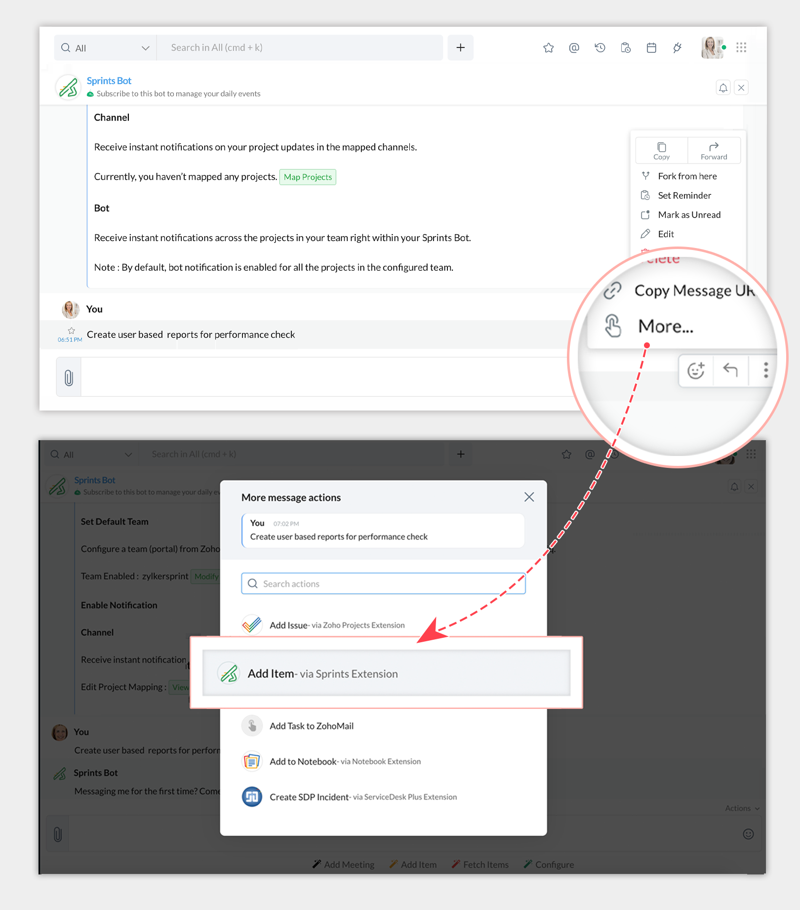 Add Item Message Action in Zoho Sprints