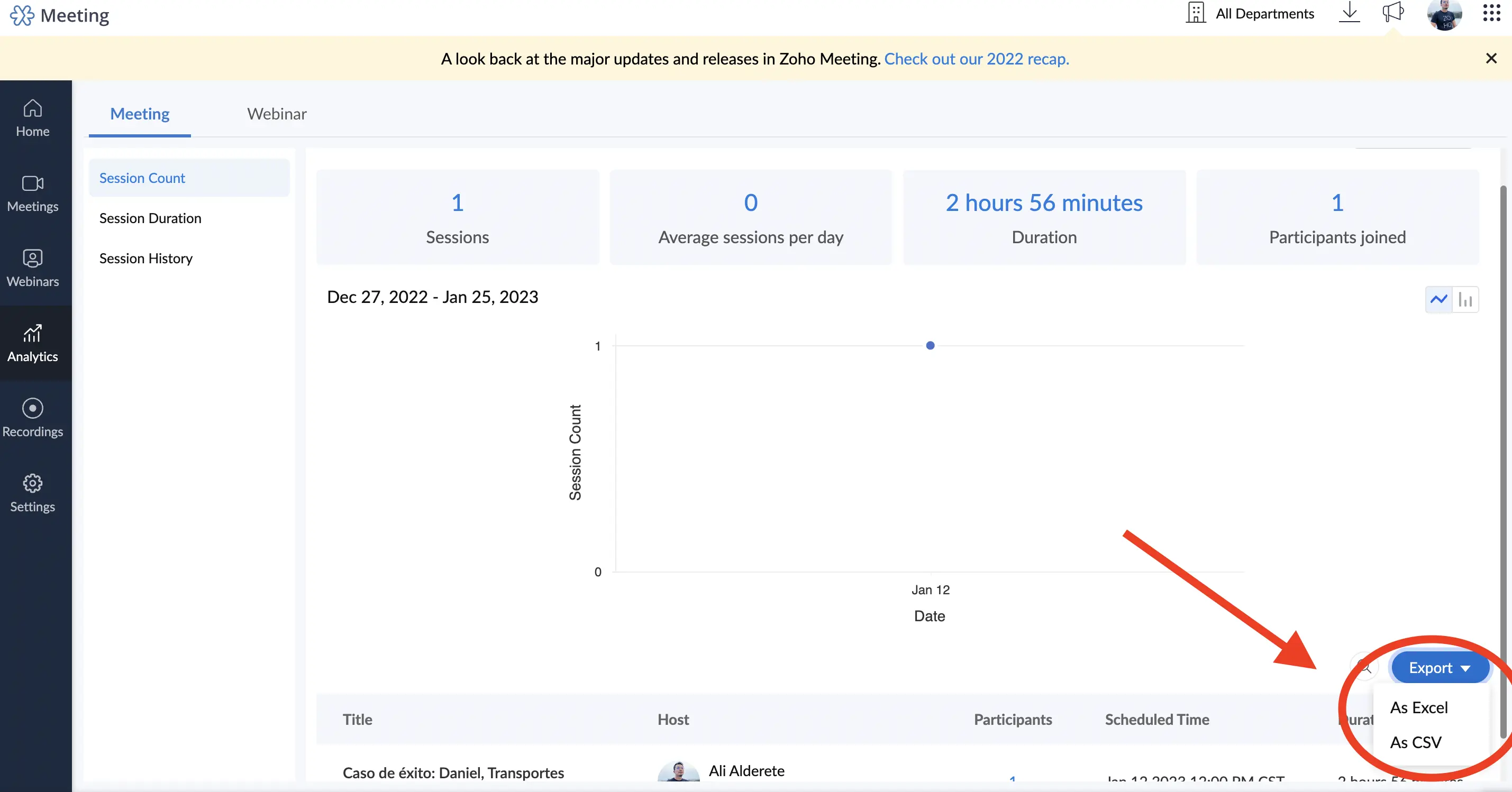captura de pantalla de la seccion de analytics de la version web de zoho meeting mostrando como exportar informes