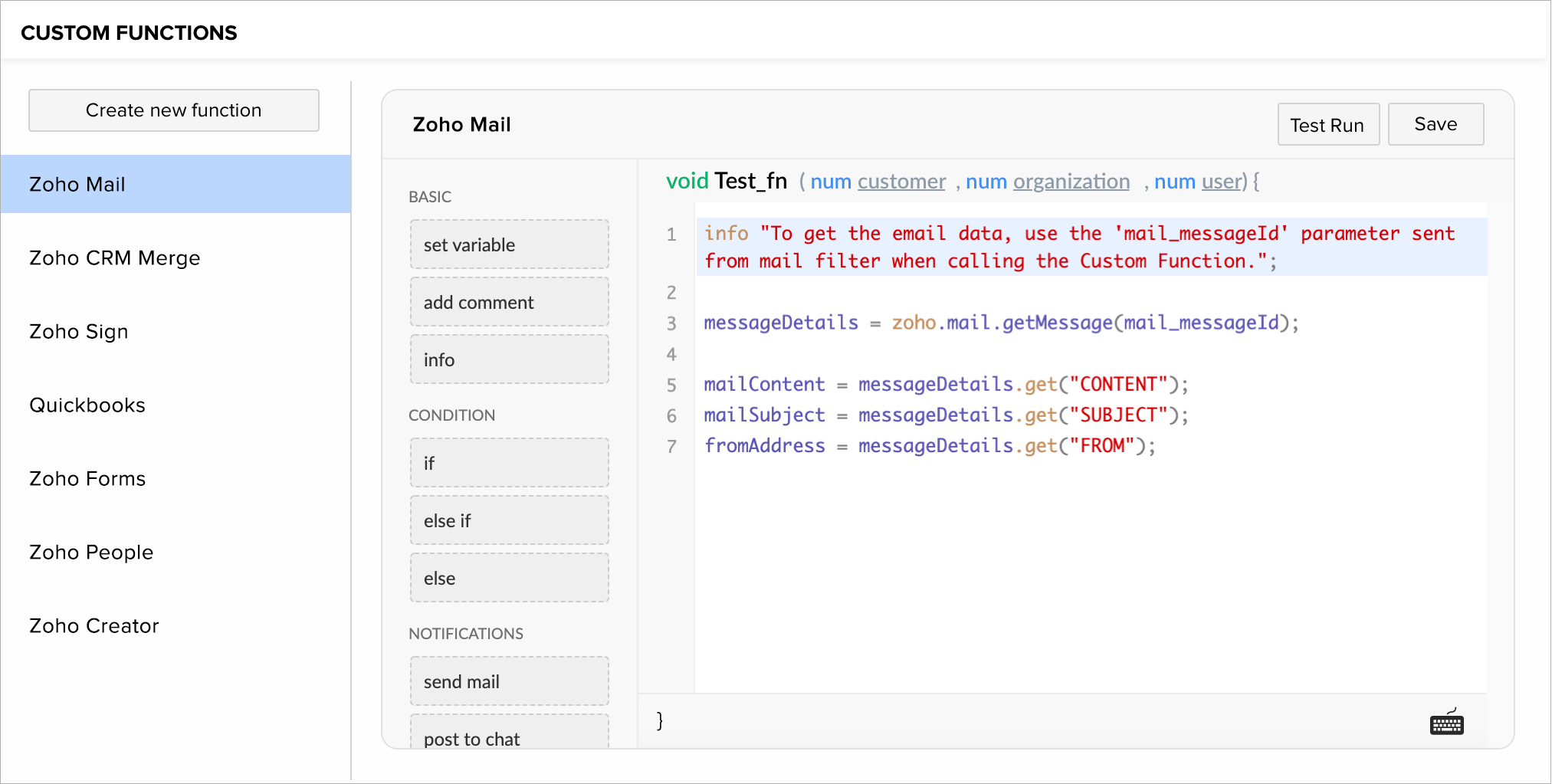 Custom Function editor in Zoho Writer