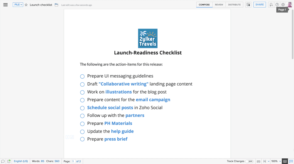 Live Checklists in Writer