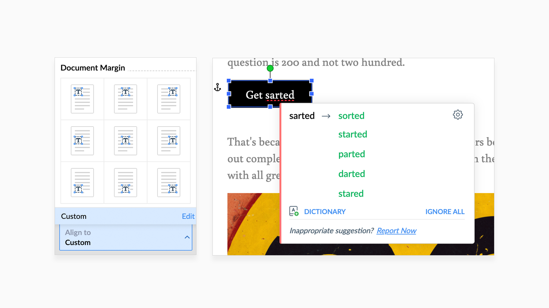 Image showing spell check inside Text boxes, and preset text box alignment options in Zoho Writer