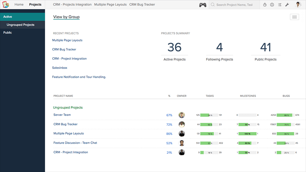 A listing of some of the projects for the Zoho CRM 2016 features
