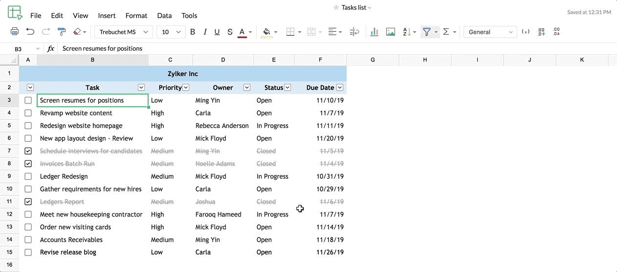 Named filters in Zoho Sheet
