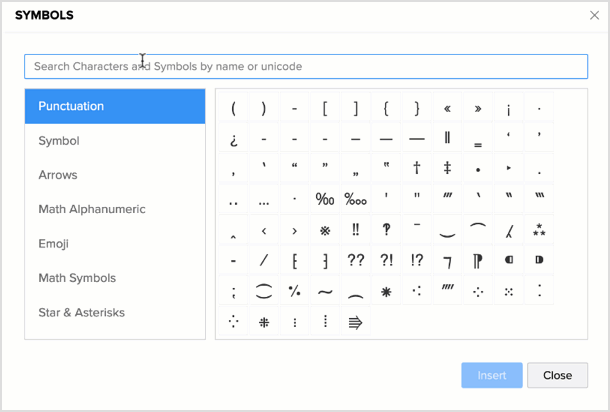 Searching symbols related to "Division" in Writer with the new symbol search option