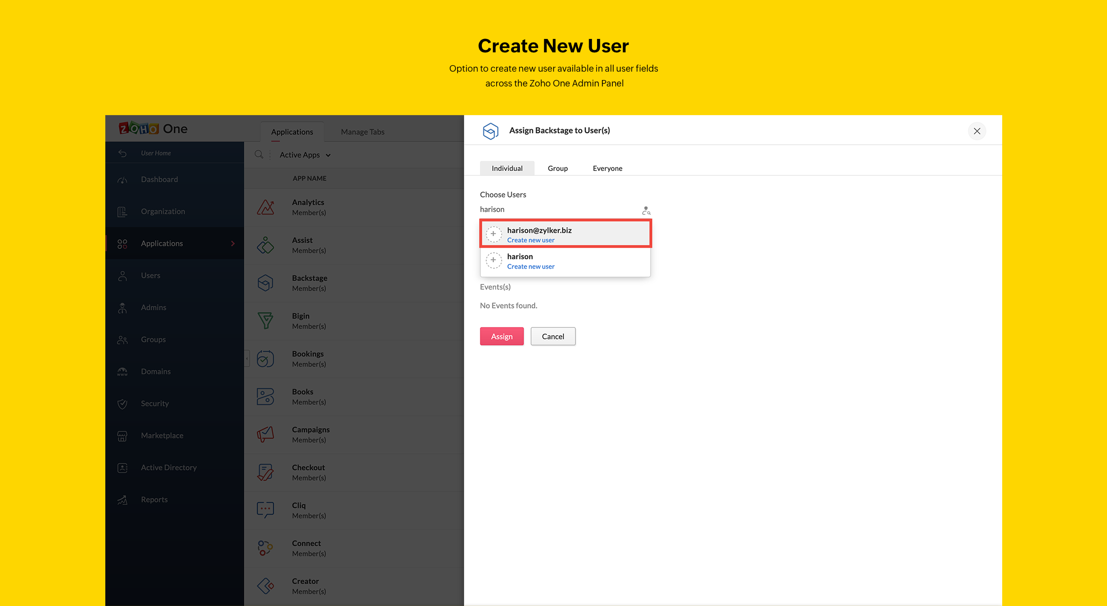 Create New User Zoho One Admin Panel