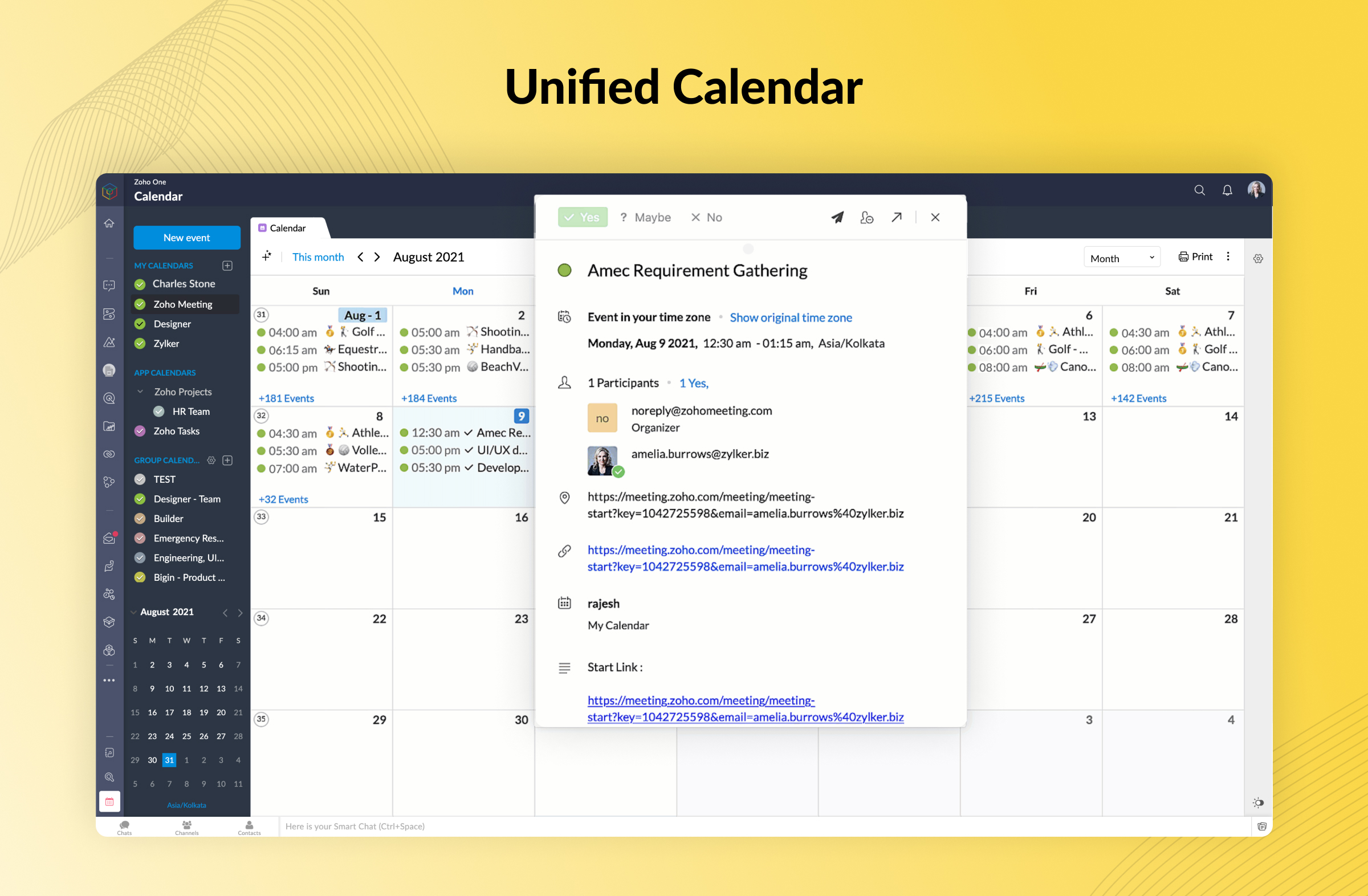 Has a screenshot of Zoho One's Unified Calendar