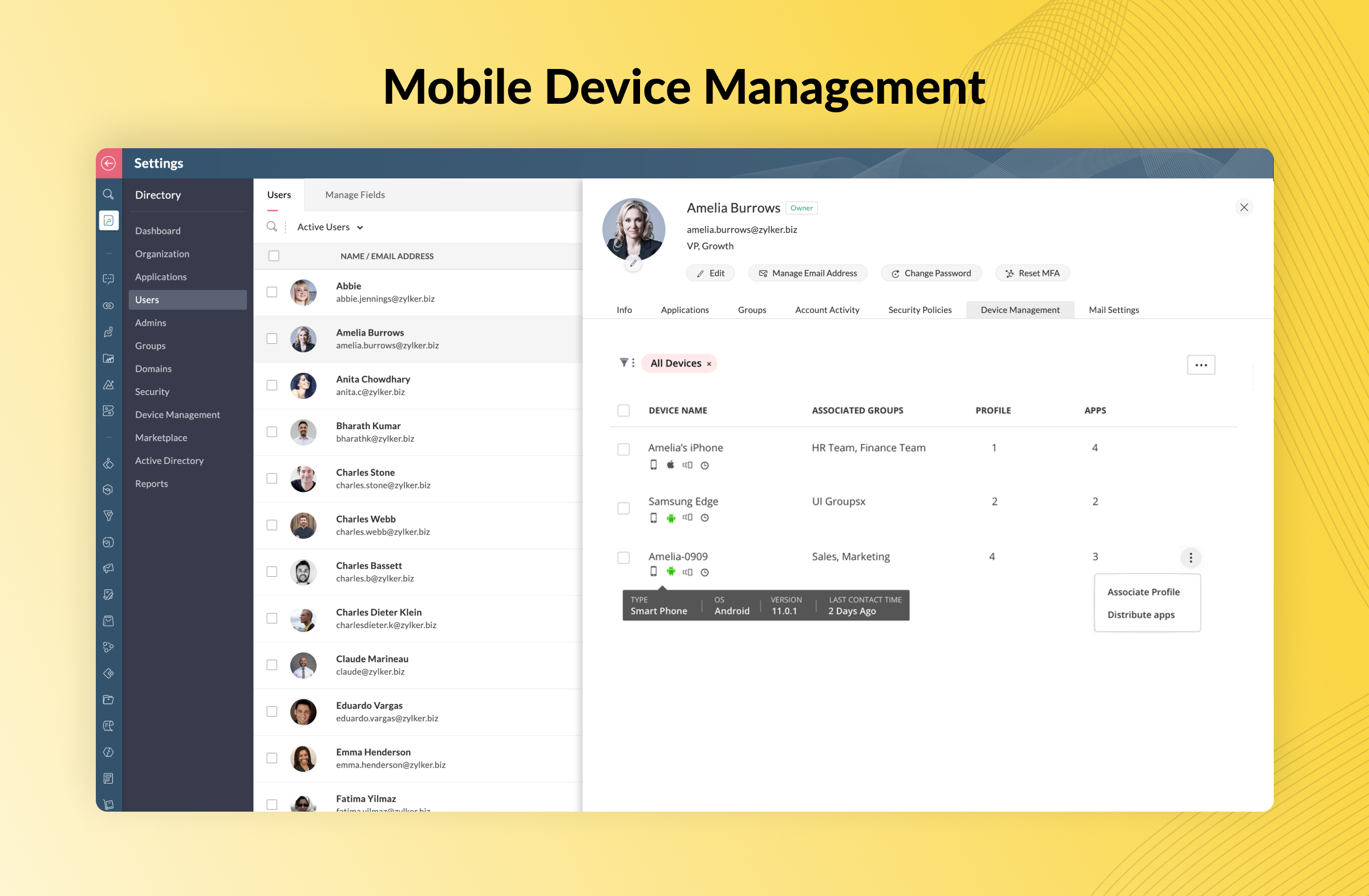 Has a screenshot of Zoho One's Device management app