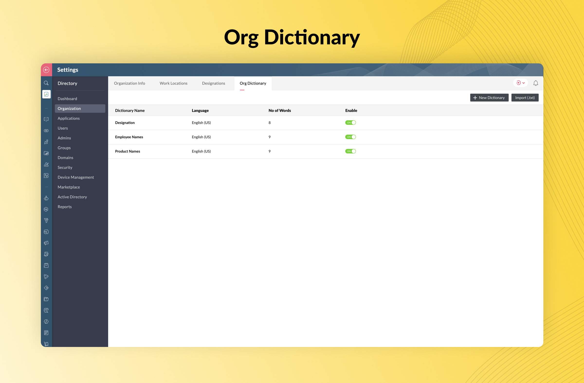 Has a screenshot of Org dictionary from Zoho One
