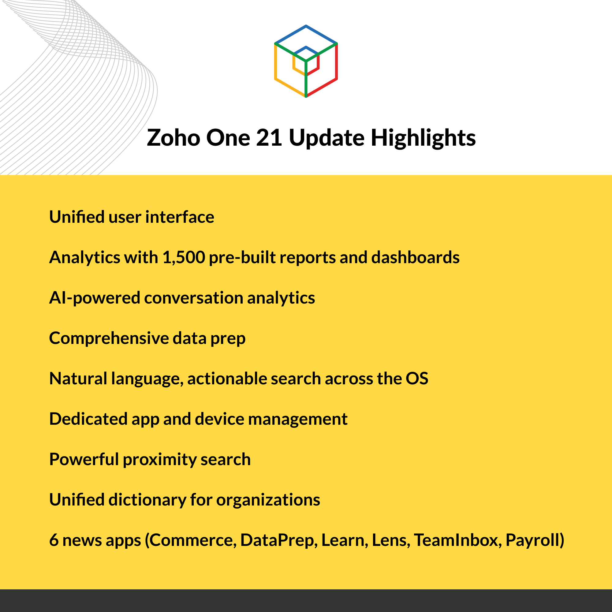 It describes the product release highlights of the Zoho One product software.