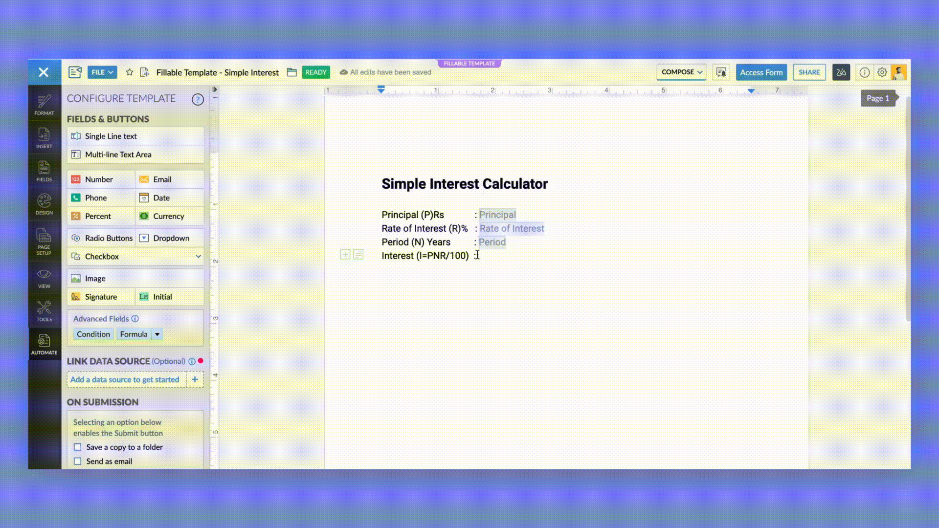 Live calculations based on values entered